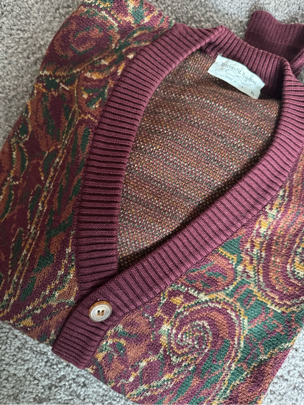 Vintage Paisley Button-Up Cardigan in Burgundy and Green - Picture 9 of 9